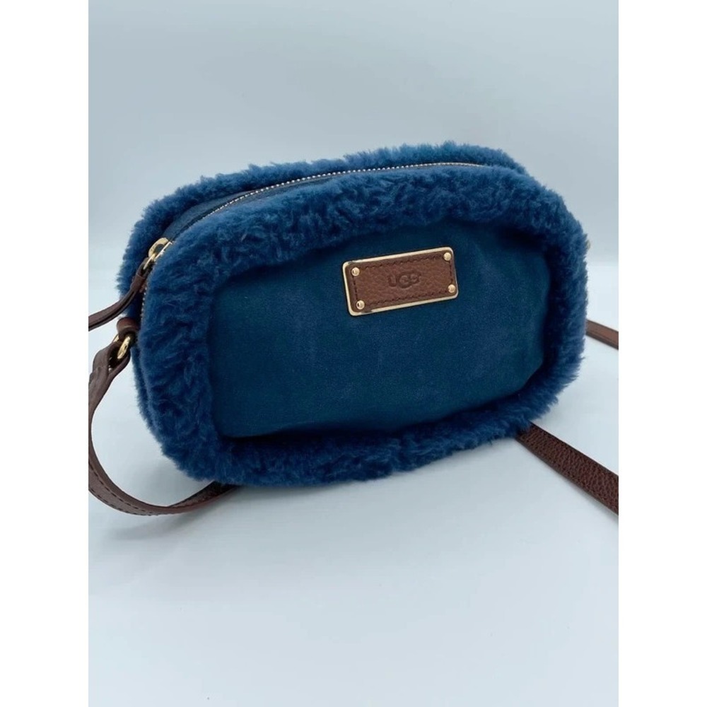 UGG Navy Blue Suede Shearling Crossbody Bag Brown Leather Gold Hardware